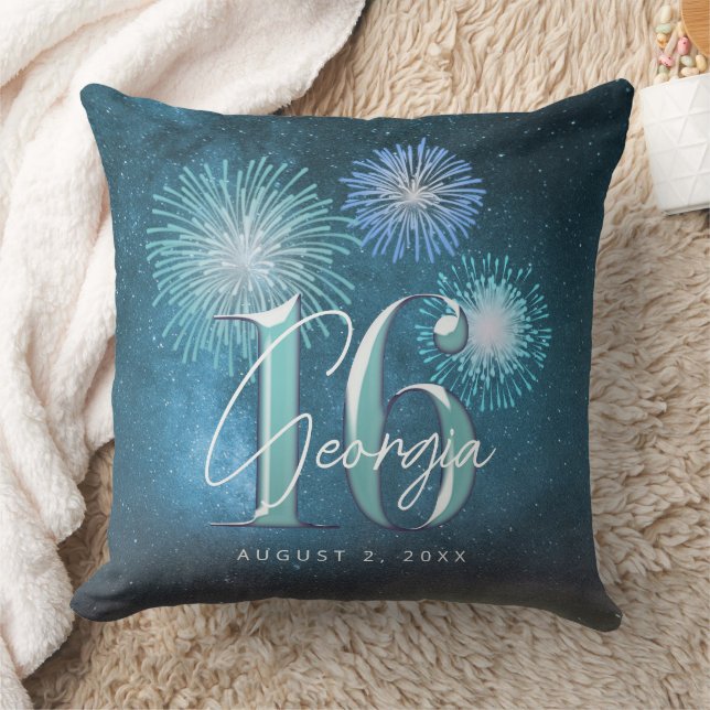 Fireworks Sweet 16 Teal ID984 Throw Pillow (Blanket)