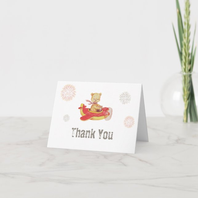 *~* Fireworks Teddy Bear Flying Red Plane Simple Letterpress Thank You Card (Front)