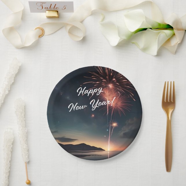  Fireworks Theme Script Caligraphy Happy New Year Paper Plates (Wedding)