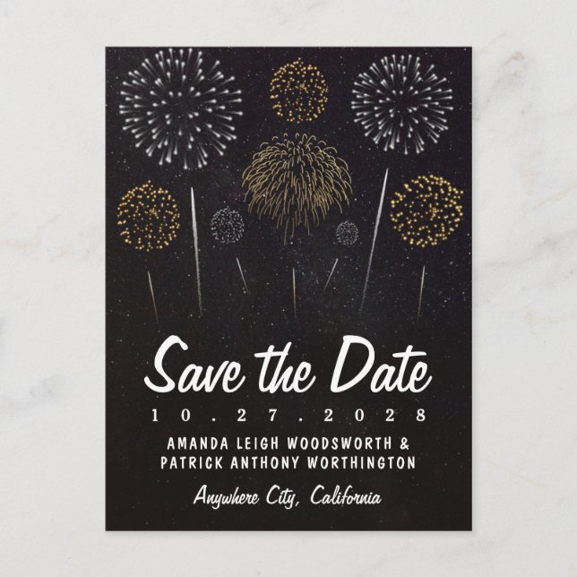 Fireworks Themed Black Gold Save The Date Cards (Front)