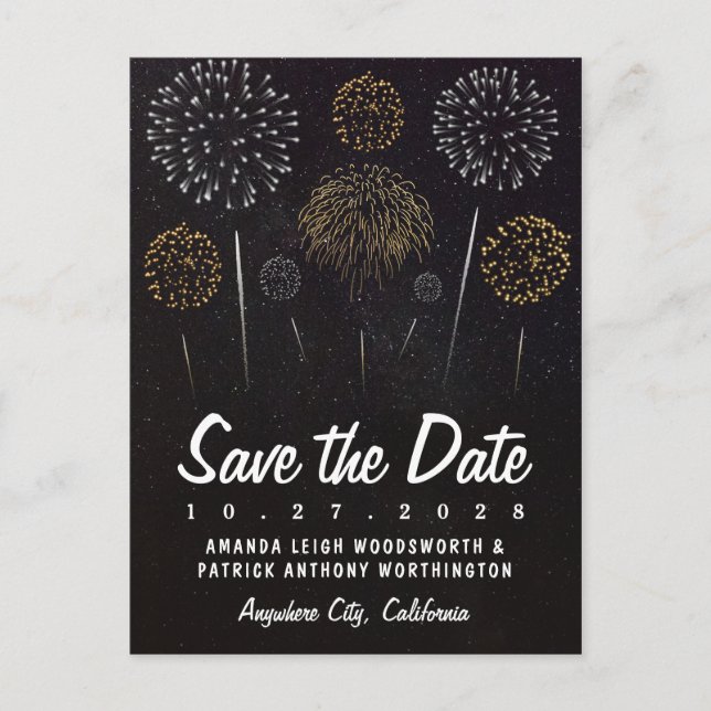 Fireworks Themed Black Gold Save The Date Cards (Front)