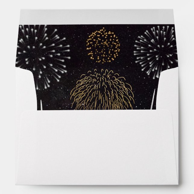 Fireworks Themed Black Gold Silver Wedding Envelope (Back (Bottom))