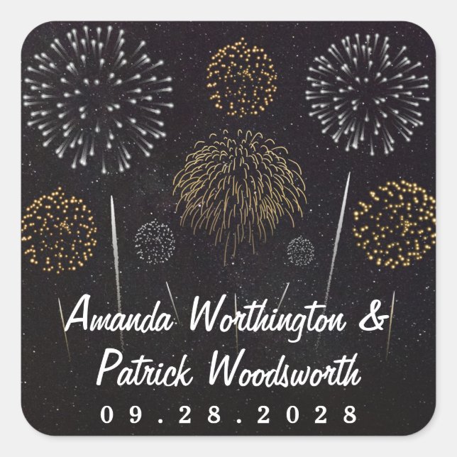 Fireworks Themed Black Gold Silver Wedding Favor Square Sticker (Front)