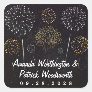 Fireworks Themed Black Gold Silver Wedding Favor Square Sticker