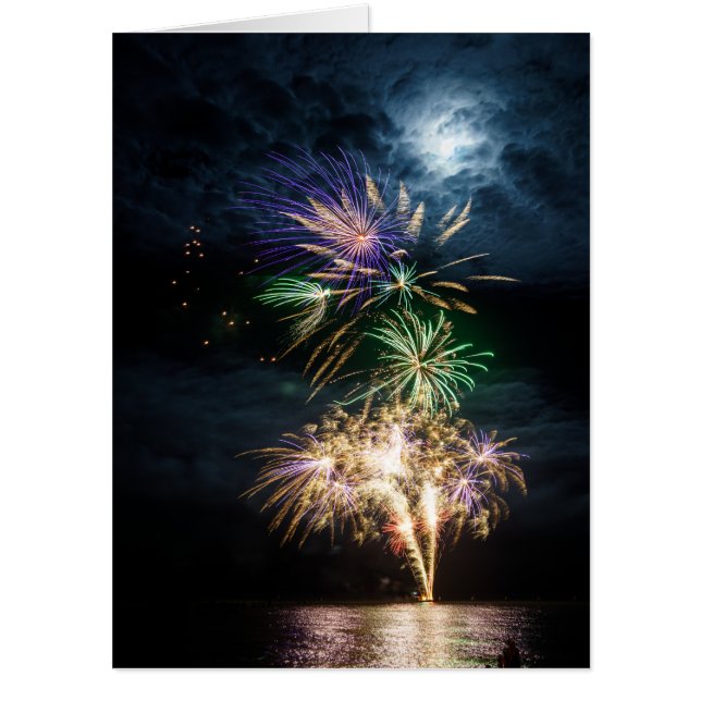 Fireworks under the moon over the ocean card (Front)