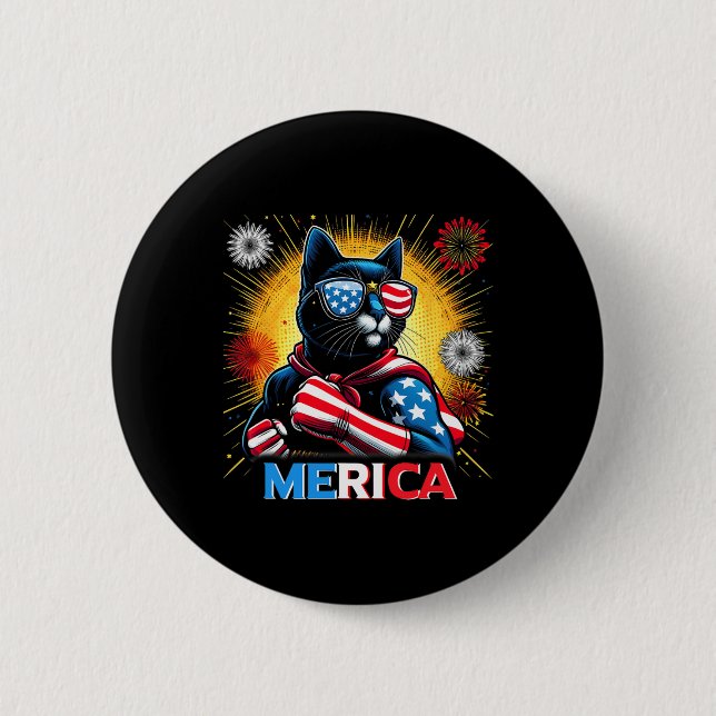 Fireworks Us Flag Patriotic Black Cat  Button (Front)