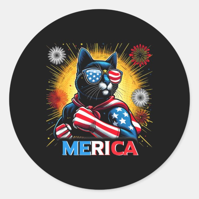 Fireworks Us Flag Patriotic Black Cat  Classic Round Sticker (Front)