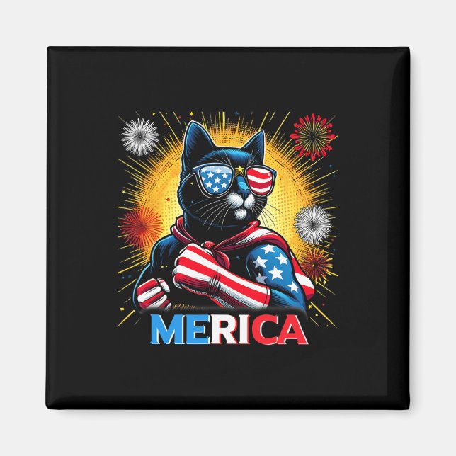 Fireworks Us Flag Patriotic Black Cat  Magnet (Front)