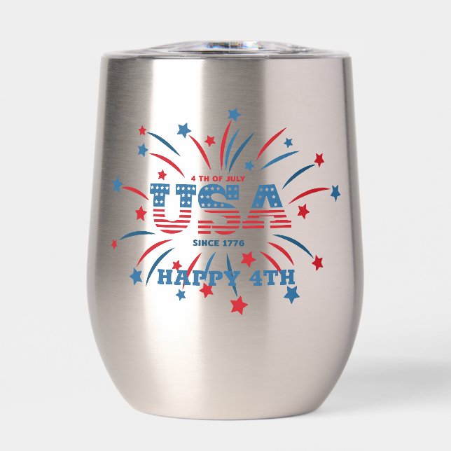 Fireworks USA Patriotic Red White Blue Thermal Wine Tumbler (Front)