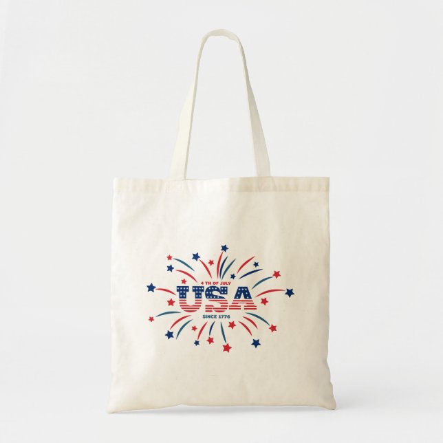 Fireworks USA Patriotic Red White Blue Tote Bag (Front)