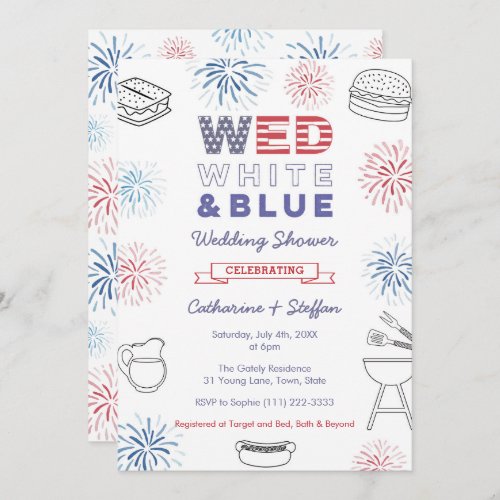 Fireworks Wed White Blue Cookout Couples Shower Invitation