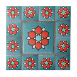 Firey Orange and Teal Vintage Flower Pattern Ceramic Tile