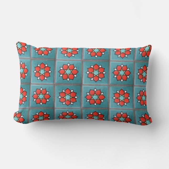 Firey Orange Flowers on Teal Lumbar Pillow (Front)