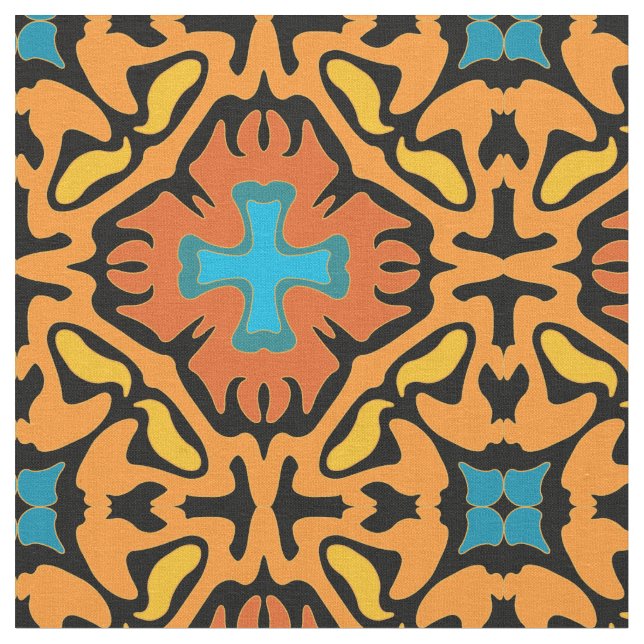 Firey Spanish Tile  with Blue Accents Fabric (Close Up)