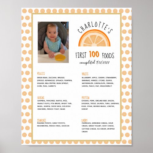First 100 Foods Orange Baby Weaning Milestone  Poster