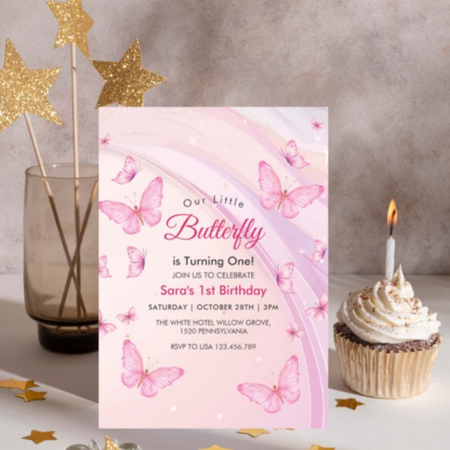  First 1st Birthday Baby Girl Butterflies Party Invitation (Creator Uploaded)