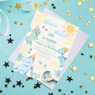 First 1st Birthday Blue Watercolor Dinosaurs Invitation