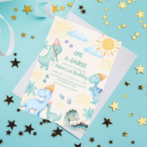 First 1st Birthday Blue Watercolor Dinosaurs  Invitation