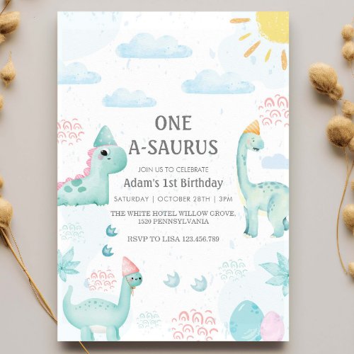 First 1st Birthday Blue Watercolor Dinosaurs Party Invitation