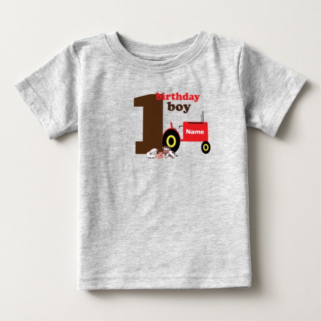 first 1st birthday boy farm old theme tractor baby T-Shirt (Front)