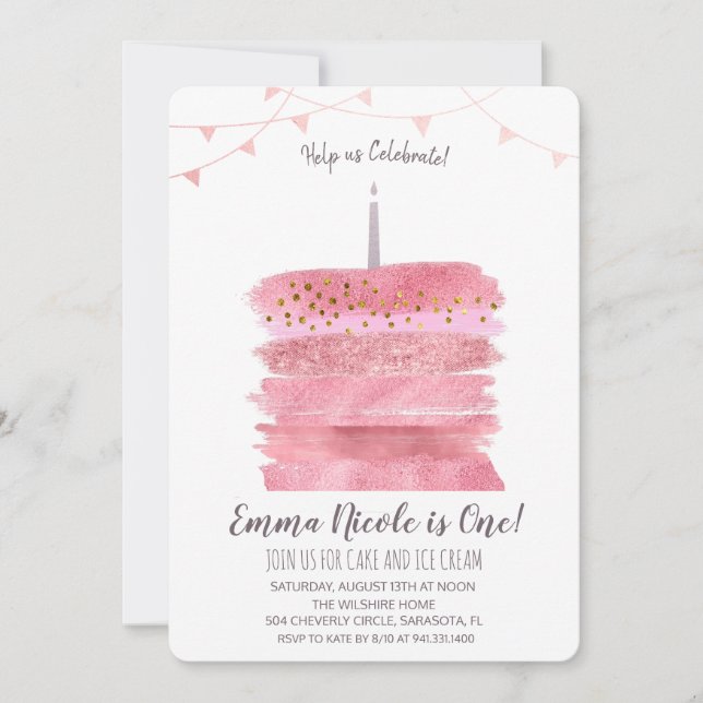 First 1st Birthday Cake Invitation (Front)