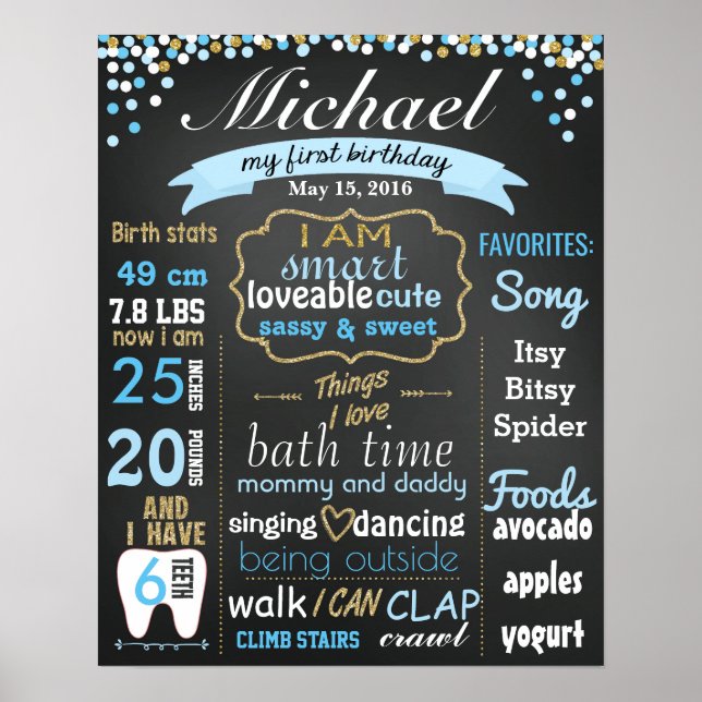 First 1st Birthday Chalkboard sign confetti gold (Front)