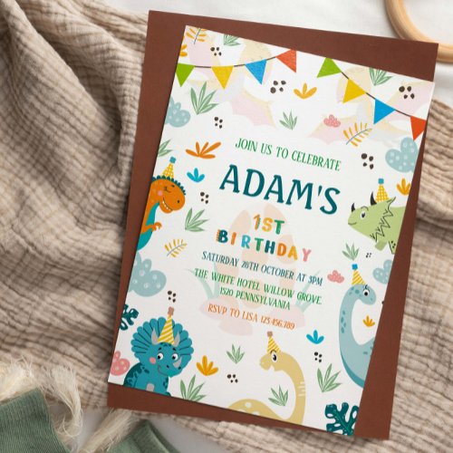 First 1st Birthday Colorful Party Dinosaur  Invitation