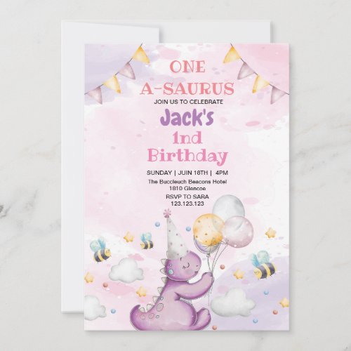 First 1st Birthday Cute Dinosaur and bee Invitation