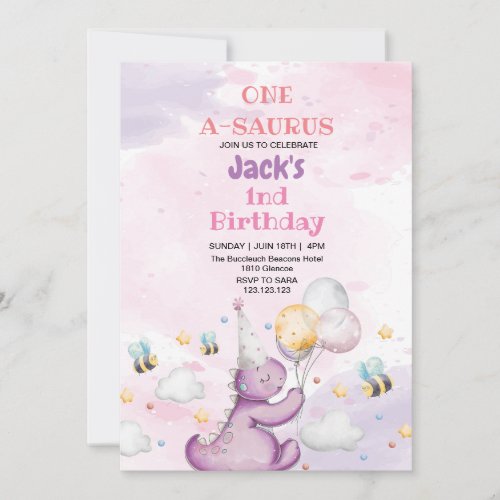 First 1st Birthday Cute Purple Dinosaur and bee Invitation