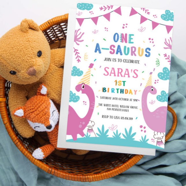 First 1st Birthday Dark & Light Pink Dinosaur Invitation (Creator Uploaded)