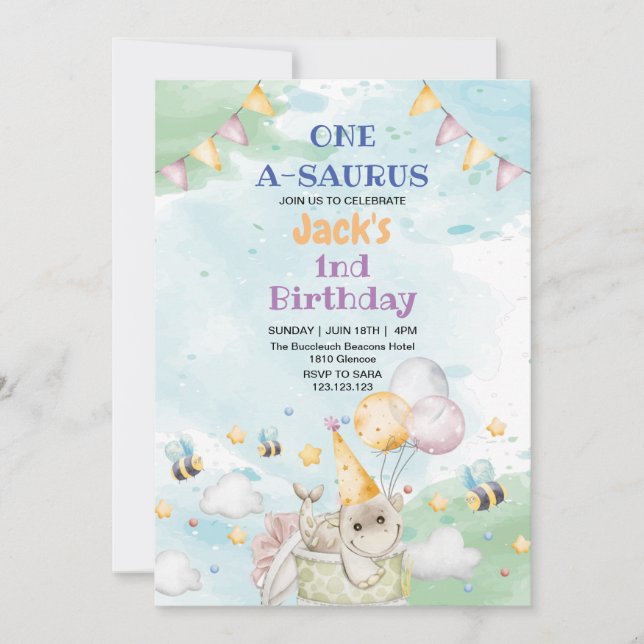 First 1st Birthday Dino Dinosaur watercolor  Invitation (Front)
