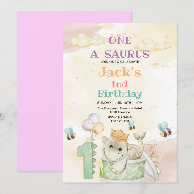 First 1st Birthday Dinosaur and Bee Watercolor  Invitation (Front/Back)