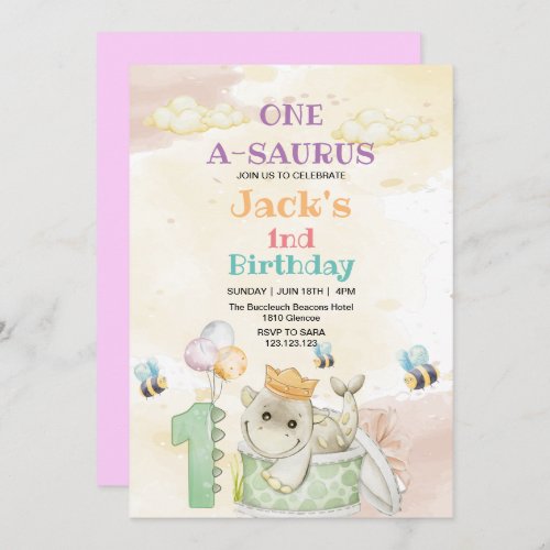 First 1st Birthday Dinosaur and Bee Watercolor  Invitation