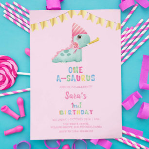 First 1st Birthday Dinosaur Gold Party, Pink Invitation