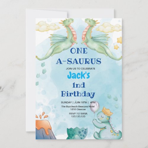 First 1st Birthday Dinosaur Watercolor Light blue Invitation