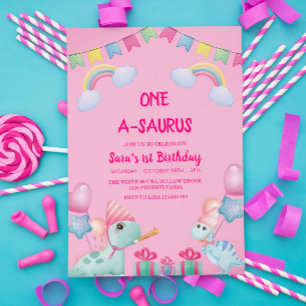 First 1st Birthday Dinosaurs & Rainbow Pink Invitation