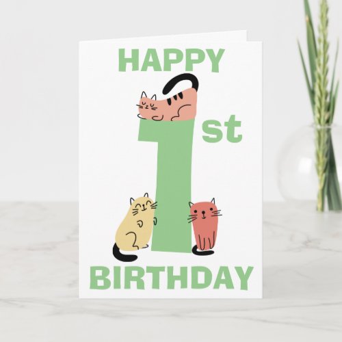 First 1st Birthday Doodle Cats Custom Message Card