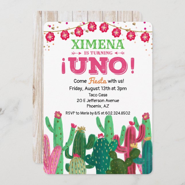 First 1st Birthday Fiesta Cactus Invitation (Front/Back)