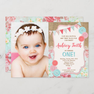 first 1st birthday girl cute as a button photo invitation