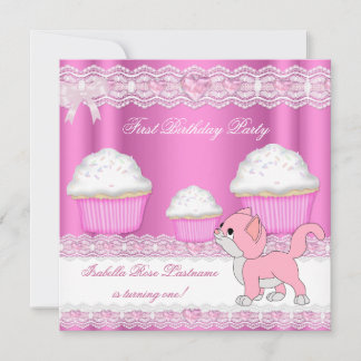 First 1st Birthday Girl Pink Cupcakes Baby Kitten Invitation