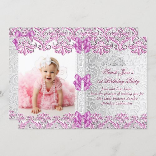 First 1st Birthday Girls Lilac Pink Photo Invitation