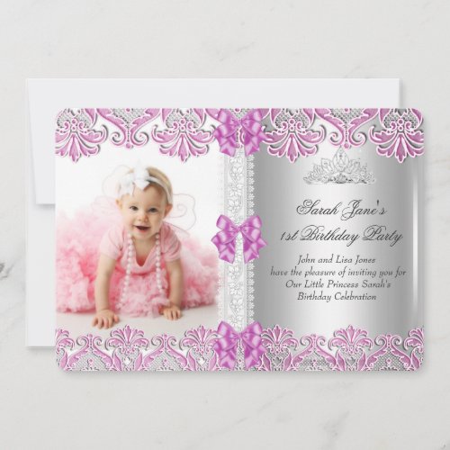 First 1st Birthday Girls Lilac Pink Photo Tiara Si Invitation