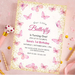 First 1st Birthday Glitter Butterflies Party Invitation