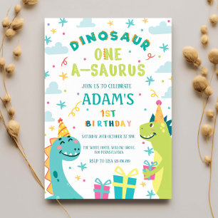 First 1st Birthday Green & Blue Dinosaur Party Invitation