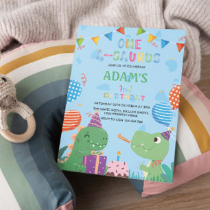 First 1st Birthday Green Dinosaur & Cake Invitation
