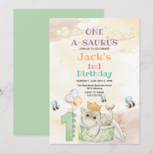 First 1st Birthday Green Dinosaur Watercolor  Invitation