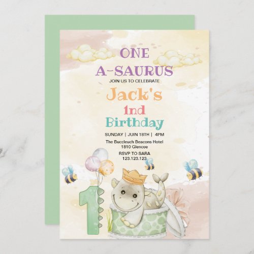 First 1st Birthday Green Dinosaur Watercolor  Invitation