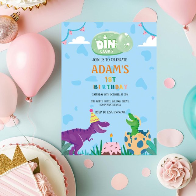 First 1st Birthday Green & Purple Dinosaur Invitation (Creator Uploaded)