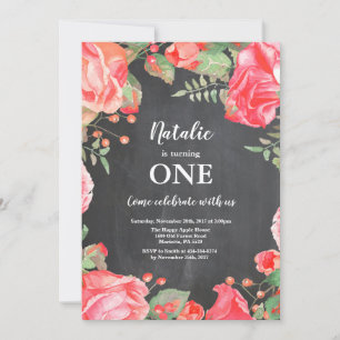 First 1st Birthday Invitation Botanical Red Floral
