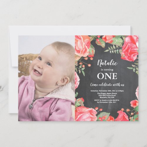 First 1st Birthday Invitation Botanical Red Floral